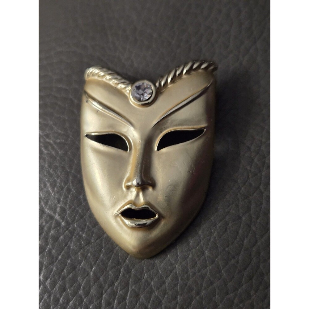 Gold-toned Mask Brooch Pin With Rhinestone Accent, Mardi Gras Fashion Piece